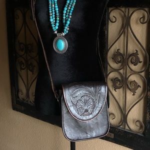 Hand-Tooled Chocolate Leather Crossbody bag
